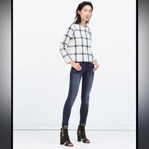 Zara Plaid Long Sleeve Cuff Sleeve Semi Cropped Boxy Zip Up Blouse Size Small